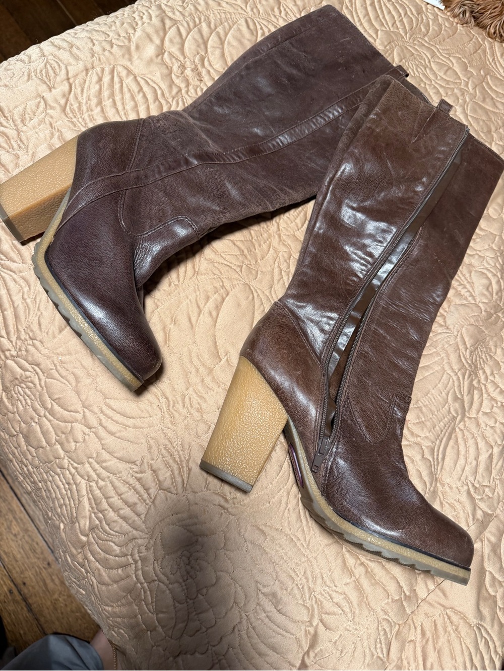 Women’s Brown Leather Knee-High Block Heel Boots